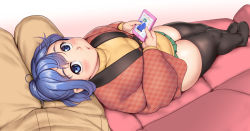 Rule 34 | 1girl, black thighhighs, blue eyes, blue hair, blush, commentary request, couch, fat step-sister (orizen), full body, holding, holding phone, lap pillow, long sleeves, looking at viewer, medium hair, original, orizen, out of frame, parted lips, phone, shadow, solo, tareme, thick thighs, thighhighs, thighs, white background, zettai ryouiki