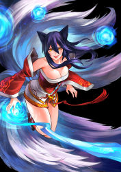 Rule 34 | 1girl, ahri (league of legends), animal ears, bare shoulders, black background, black hair, breasts, cleavage, detached sleeves, facial mark, fingernails, fox ears, fox tail, korean clothes, large breasts, league of legends, long hair, multiple tails, patipat asavasena, simple background, slit pupils, solo, tail, tongue, tongue out, whisker markings, yellow eyes