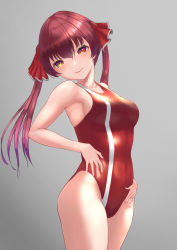 Rule 34 | 1girl, absurdres, afe., competition swimsuit, cowboy shot, grey background, hair ribbon, heterochromia, highres, hololive, houshou marine, long hair, looking at viewer, one-piece swimsuit, red eyes, red hair, red one-piece swimsuit, red ribbon, ribbon, simple background, solo, standing, swimsuit, twintails, virtual youtuber, yellow eyes