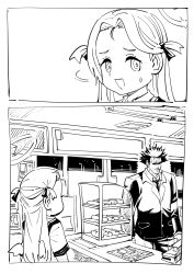 Rule 34 | 1boy, 1girl, 2koma, absurdres, angel wings, apron, blue archive, business suit, comic, commentary, convenience store, english commentary, feathered wings, forehead, formal, greyscale, haho, hair ribbon, halo, highres, indoors, long hair, long sleeves, looking at another, monochrome, necktie, part time job, parted bangs, ribbon, sensei (blue archive), shop, short sleeves, sidelocks, silent comic, sora (blue archive), store clerk, suit, two side up, wings