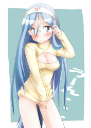 Rule 34 | 10s, 1girl, aoki hagane no arpeggio, bespectacled, blue eyes, blue hair, blush, breasts, cleavage, cleavage cutout, clothing cutout, glasses, hair down, hairband, highres, long hair, looking at viewer, matching hair/eyes, meme attire, open-chest sweater, outside border, panties, ribbed sweater, shou-nansu, solo, standing, sweater, takao (aoki hagane no arpeggio), underwear