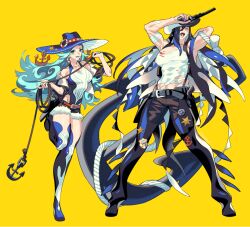 1boy 1girl anchor arms_up bandaged_arm bandages bikini black_pants blood blood_on_clothes blue_bikini blue_eyes blue_hair chaps colored_inner_hair commentary_request cow_girl cowboy cowboy_hat cropped_jacket eda fins full_body fur-trimmed_shorts fur_trim gun handgun hat head_fins holding holding_gun holding_rope holding_weapon long_hair looking_at_viewer multicolored_hair muscular muscular_male orca_boy original pants revolver rope short_shorts shorts simple_background standing standing_on_one_leg swimsuit tank_top taut_clothes tongue tongue_out torn_clothes very_long_hair weapon western white_tank_top yellow_background