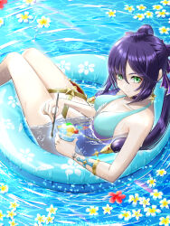 Rule 34 | 1girl, afloat, bracelet, breasts, cherry, chiga akira, choker, closed mouth, collarbone, commentary request, cup, dessert, earrings, flower, flower on liquid, food, fruit, genshin impact, green eyes, hair ornament, hair ribbon, highres, holding, holding cup, holding spoon, innertube, jewelry, long hair, medium breasts, mona (genshin impact), multicolored clothes, multicolored swimsuit, one-piece swimsuit, partially submerged, purple hair, ribbon, shaved ice, smile, solo, spoon, star (symbol), star earrings, swim ring, swimsuit, thighlet, thighs, twintails, water, wet, white flower