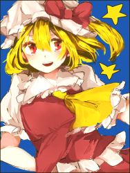 Rule 34 | 1girl, :d, ascot, bad id, bad pixiv id, blonde hair, blue background, female focus, fes0308, flandre scarlet, frills, looking away, open mouth, portrait, red eyes, short hair, short sleeves, simple background, skirt, skirt set, smile, solo, star (symbol), touhou