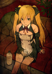 Rule 34 | 1girl, bare shoulders, blonde hair, bottle, breasts, brown eyes, cleavage, couch, dream c club, dream c club (series), earrings, highres, jewelry, long hair, looking at viewer, madokan suzuki, mian (dream c club), solo, table, twintails