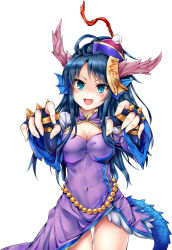 Rule 34 | 1girl, black hair, blue eyes, blush, breasts, china dress, chinese clothes, cleavage, covered navel, dragon girl, dragon horns, dragon tail, dress, fingerless gloves, fins, gloves, halloween, hat, head fins, highres, horns, jiangshi, karin (p&amp;d), long hair, ofuda, open mouth, outstretched arms, puzzle &amp; dragons, qingdai guanmao, samoore, simple background, solo, spiked knuckles, tail, white background, zombie pose