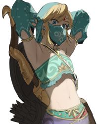 Rule 34 | 1boy, arms up, arrow (projectile), blonde hair, blue eyes, bow (weapon), circlet, crossdressing, detached sleeves, earrings, gerudo set (zelda), highres, jewelry, kushami deso, link, looking at viewer, male focus, mouth veil, navel, nintendo, quiver, shield, shield on back, simple background, solo, the legend of zelda, the legend of zelda: breath of the wild, upper body, veil, weapon, weapon on back, white background