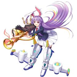 Rule 34 | 1girl, adapted costume, animal ears, bagpipes, black jacket, blazer, collared shirt, full body, highres, holding, holding instrument, instrument, jacket, jet boots, long hair, looking at viewer, necktie, open mouth, purple hair, rabbit ears, rabbit girl, red eyes, red necktie, reisen udongein inaba, reisen udongein inaba (moonlit festival!), rotte (1109), shirt, simple background, skirt, smile, solo, third-party source, touhou, touhou lostword, white background, white shirt, white skirt