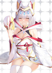 Rule 34 | 1girl, animal ears, breasts, chest jewel, cleavage, closed eyes, cowboy shot, daive, facial mark, grey hair, grin, highres, holding, holding mask, leotard, mask, medium breasts, nia (blade) (xenoblade), nia (xenoblade), sitting, smile, solo, thighhighs, white leotard, white thighhighs, xenoblade chronicles (series), xenoblade chronicles 3