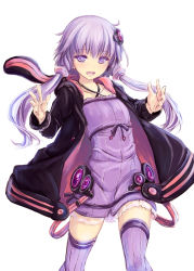 Rule 34 | 1girl, animal hood, collarbone, cowboy shot, dress, hair ornament, hood, hood down, hoodie, looking at viewer, open mouth, outstretched arms, purple dress, purple eyes, purple hair, purple thighhighs, rabbit hood, simple background, solo, teeth, tenmaso, thighhighs, twintails, vocaloid, voiceroid, white background, yuzuki yukari, zettai ryouiki