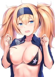 Rule 34 | 1girl, alternate costume, areola slip, bikini, black bikini, blonde hair, blue eyes, blue hairband, blue shirt, blush, breasts, cai geng, clothes lift, collarbone, collared shirt, gambier bay (kancolle), hair between eyes, hairband, kantai collection, large breasts, lawson, long hair, open clothes, open mouth, open shirt, shirt, shirt lift, sidelocks, simple background, star (symbol), star print, swimsuit, tearing up, twintails, untied bikini, upper body, white background