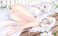 Rule 34 | 1girl, ass, barefoot, blue eyes, breasts, cait aron, flower, large breasts, legs, long hair, looking at viewer, lying, mabinogi, nao (mabinogi), no pants, on side, open mouth, panties, silver hair, solo, underwear, wallpaper, white panties, wooden floor