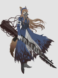 Rule 34 | 1girl, armband, black footwear, black souls, blood, blood on clothes, blue dress, blue hairband, boots, brooch, collared dress, dress, florence (black souls), full body, furry, furry female, gloves, hairband, highres, holding, holding weapon, jewelry, looking at viewer, muzzle, simple background, sio2 (whynotkarma), solo, weapon, white armband, white background, white gloves, wolf girl