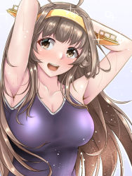 Rule 34 | 1girl, aga marino, ahoge, alternate eye color, armpits, arms behind back, arms behind head, black one-piece swimsuit, breasts, brown eyes, brown hair, cleavage, collarbone, competition school swimsuit, double bun, gradient background, hair bun, hairband, headgear, kantai collection, kongou (kancolle), kongou kai ni (kancolle), long hair, looking at viewer, medium breasts, one-piece swimsuit, open mouth, purple background, school swimsuit, smile, solo, sparks, swimsuit, upper body, water drop, white background