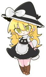 Rule 34 | 1girl, apron, black hat, black skirt, black vest, blonde hair, blush, boots, bow, braid, brown footwear, buttons, commentary, frills, hair bow, hat, hat bow, highres, kirisame marisa, long hair, looking at viewer, op na yarou, short sleeves, simple background, single braid, skirt, smile, socks, solo, touhou, turtleneck, vest, waist apron, white apron, white background, white bow, witch hat, yellow eyes