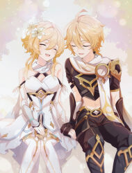 Rule 34 | 1boy, 1girl, absurdres, aether (genshin impact), ahoge, arm armor, armor, baggy pants, bare shoulders, black footwear, black gloves, blonde hair, blush, boots, braid, breasts, brother and sister, brown gloves, brown pants, brown shirt, closed eyes, detached sleeves, dress, earrings, fingerless gloves, flower, genshin impact, gloves, gold trim, hair between eyes, hair flower, hair ornament, highres, jewelry, long hair, long sleeves, lumine (genshin impact), medium breasts, mizuamememe, navel, open mouth, pants, scarf, shirt, short hair, short hair with long locks, short sleeves, shoulder armor, siblings, sidelocks, single earring, sitting, smile, sparkle, teeth, thigh boots, tongue, white dress, white flower, white footwear, white scarf