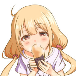 Rule 34 | 1girl, ahoge, blonde hair, blush, brown eyes, clothes writing, commentary request, eating, futaba anzu, hair bobbles, hair ornament, idolmaster, idolmaster cinderella girls, long hair, looking at viewer, shirt, short sleeves, simple background, solo, taka (takahirokun), twintails, upper body, very long hair, white background, white shirt