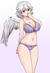 Rule 34 | 1girl, arm behind back, bare arms, black bra, blush, bow, bow bra, bow panties, bra, breasts, cleavage, covering own mouth, cowboy shot, forneus 0, gradient background, grey wings, hair between eyes, hand up, highres, kishin sagume, large breasts, looking at viewer, multicolored background, navel, panties, purple bra, purple panties, red eyes, short hair, silver hair, single wing, solo, touhou, two-tone background, underwear, underwear only, wings