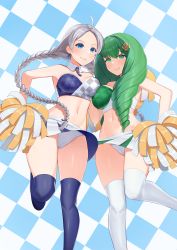 Rule 34 | 2girls, absurdres, ahoge, bare shoulders, blue archive, blue eyes, braid, breast press, breasts, cameltoe, cheerleader, commission, commissioner upload, cosplay, crystal earrings, detached collar, drill hair, earrings, fire emblem, fire emblem: three houses, fire emblem fates, fire emblem heroes, flayn (fire emblem), green eyes, green hair, grey hair, hair ornament, hairclip, hibiki (blue archive), highres, holding, holding pom poms, jewelry, large breasts, long hair, looking at viewer, low twin braids, midriff, multiple girls, navel, nessu (nnn07897), nina (fire emblem), nintendo, non-web source, panties, pantyshot, parted bangs, pom pom (cheerleading), pom poms, skirt, smile, thighhighs, twin braids, twin drills, underwear, white panties