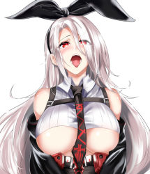 Rule 34 | 1girl, azur lane, bare shoulders, black sleeves, breasts, crop top, detached sleeves, graphite (medium), hair over one eye, hair ribbon, high-waist skirt, highres, iron blood (emblem), kuzya, large breasts, long hair, looking at viewer, open mouth, prinz heinrich (azur lane), red eyes, ribbon, shirt, simple background, skirt, tongue, tongue out, traditional media, underboob, upper body, very long hair, white background, white hair, white shirt