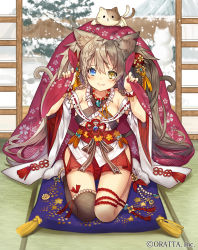 Rule 34 | 1girl, :&lt;, animal ears, arms up, bare shoulders, blue eyes, blush, bracelet, braid, breasts, brown hair, cat ears, cat tail, chloris garden, cleavage, company name, dress, fang, fence, flower, french braid, frills, hair ornament, heterochromia, holding, jewelry, large breasts, long hair, looking at viewer, madogawa, magatama, multicolored hair, multiple tails, necklace, nekomata, official art, original, pillow, ribbon, sash, seiza, shouji, single thighhigh, sitting, sliding doors, snow, snowing, solo, tabi, tail, tatami, thighhighs, tree, twintails, two-tone hair, two tails, wide sleeves, yellow eyes