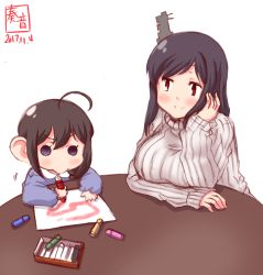 Rule 34 | 2girls, ahoge, alternate costume, black hair, blue eyes, braid, casual, commentary request, contemporary, crayon, dated, drawing, hair ornament, highres, holding, holding crayon, kanon (kurogane knights), kantai collection, long hair, multiple girls, paper, red eyes, shigure (kancolle), short hair, simple background, single braid, sketch, sweater, white background, yamashiro (kancolle), aged down