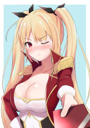 Rule 34 | 1girl, azur lane, blonde hair, blush, box, breasts, cleavage, closed mouth, collarbone, epaulettes, gift, gift box, hair between eyes, hair ribbon, holding, holding gift, incoming gift, large breasts, long hair, looking at viewer, nelson (azur lane), red eyes, ribbon, solo, tsundere, twintails, valentine, very long hair
