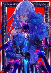 Rule 34 | 1girl, absurdres, bare shoulders, black gloves, blue flower, blue rose, breasts, detached sleeves, flower, flower over eye, flower over mouth, framed, gloves, hair between eyes, hair bun, half updo, highres, holding, holding flower, honkai: star rail, honkai (series), jingliu (honkai: star rail), large breasts, looking at viewer, outstretched hand, portrait, red eyes, rose, sas (ls08b), solo, upper body, white hair