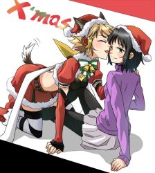 Rule 34 | 2girls, animal ears, black hair, blonde hair, blush, character request, christmas, closed eyes, detached sleeves, dog ears, dog tail, grey skirt, hand on another&#039;s shoulder, midriff, multiple girls, pantyhose, purple sweater, santa costume, senki zesshou symphogear, short hair, skirt, smile, stc, striped clothes, striped legwear, striped thighhighs, sweater, tachibana hibiki (symphogear), tail, tail wagging, thighhighs, tongue, tongue out, white background, yuri