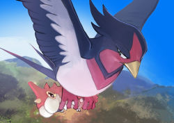 Rule 34 | absurdres, animal focus, bird, black eyes, blue sky, bug, carrying, colored sclera, creature as food, creatures (company), crying, day, day walker1117, flying, game freak, gen 3 pokemon, gradient sky, half-closed eyes, highres, looking at another, looking down, nintendo, no humans, outdoors, pokemon, pokemon (creature), pokemon mystery dungeon, pokemon mystery dungeon: explorers of time/darkness/sky, red eyes, scared, sky, swellow, tears, wavy eyes, wurmple, yellow sclera