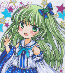 Rule 34 | 1girl, :d, alternate costume, blue bow, blue neckerchief, blue skirt, blush, bow, cowboy shot, detached sleeves, dot nose, frilled hair tubes, frills, frog hair ornament, green eyes, green hair, hair bow, hair ornament, hair tubes, hand up, kochiya sanae, lace, lace-trimmed shirt, lace trim, long hair, looking at viewer, marker (medium), neckerchief, open mouth, outline, rui (sugar3), sailor collar, sample watermark, shirt, side ponytail, sidelocks, skirt, sleeveless, sleeveless shirt, smile, snake hair ornament, solo, standing, star (symbol), starry background, touhou, traditional media, v, watermark, white background, white sleeves