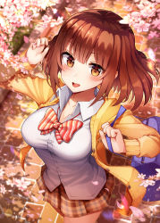 Rule 34 | 1girl, :d, absurdres, arm up, bad id, bad pixiv id, bag, blush, bow, bowtie, breasts, brown eyes, brown hair, brown skirt, cardigan, cherry blossoms, cleavage, collarbone, collared shirt, commentary, day, dress shirt, english commentary, from above, gui ss, hair between eyes, highres, huge filesize, long sleeves, looking at viewer, loose bowtie, medium breasts, medium hair, moe2019, open cardigan, open clothes, open mouth, original, outdoors, plaid, plaid skirt, pleated skirt, red bow, red bowtie, school bag, school uniform, shirt, skirt, smile, solo, standing, striped bow, striped bowtie, striped clothes, striped neckwear, sunlight, tree shade, wing collar, yellow cardigan
