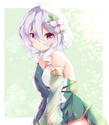 Rule 34 | 1girl, bare shoulders, blush, breasts, closed mouth, commentary request, detached sleeves, dress, flower, fuuna, green sleeves, hair between eyes, kokkoro (princess connect!), long sleeves, looking at viewer, pointy ears, princess connect!, puffy long sleeves, puffy sleeves, purple eyes, purple flower, see-through, see-through sleeves, silver hair, sleeveless, sleeveless dress, small breasts, solo, white dress