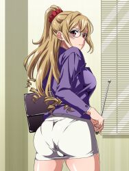 Rule 34 | 1girl, aiba asagi, alternate costume, ass, blonde hair, closed mouth, commentary request, earrings, glasses, hair ornament, hair scrunchie, high ponytail, highres, holding, holding pointer, indoors, jewelry, kororofu, long hair, long sleeves, looking at viewer, looking back, miniskirt, office lady, paid reward available, pantylines, pencil skirt, pointer, purple shirt, red eyes, red scrunchie, scrunchie, shirt, skirt, solo, standing, strike the blood, stud earrings, white skirt