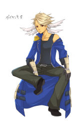 Rule 34 | 10s, 1boy, armor, blonde hair, boots, coat, creatures (company), feathers, frown, full body, game freak, gen 5 pokemon, gloves, male focus, military, military uniform, nintendo, off shoulder, personification, pokemon, pokemon bw, red eyes, samurott, simple background, sitting, solo, uniform, white background, wings