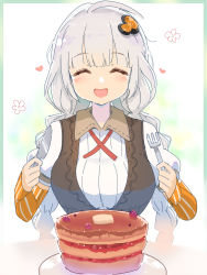 Rule 34 | 1girl, :d, black jacket, braid, breasts, closed eyes, facing viewer, food, fork, gloves, hair ornament, heart, highres, holding, holding fork, holding knife, jacket, kizuna akari, knife, large breasts, long hair, open mouth, orange gloves, pancake, pancake stack, plate, puuakachan, simple background, smile, solo, striped clothes, striped gloves, twin braids, upper body, vertical-striped clothes, vertical-striped gloves, voiceroid, white background, white hair