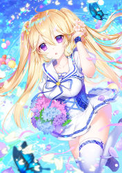 Rule 34 | 1girl, :o, ahoge, apple caramel, black footwear, blonde hair, blue flower, blue ribbon, blue sky, blurry, blurry foreground, bouquet, breasts, bug, butterfly, cloud, collarbone, commentary request, day, depth of field, floating hair, flower, hair between eyes, hair flower, hair ornament, hand up, highres, hydrangea, insect, leaf, legs up, long hair, looking at viewer, magic circle, md5 mismatch, medium breasts, miniskirt, moe2019, neck ribbon, original, parted lips, petals, pink flower, plaid, pleated skirt, puffy short sleeves, puffy sleeves, purple eyes, purple flower, resolution mismatch, ribbon, sailor collar, shirt, shoes, short sleeves, sidelocks, skirt, sky, solo, source smaller, sparkle, thighhighs, two side up, white flower, white sailor collar, white shirt, white skirt, white thighhighs, wristband, zettai ryouiki