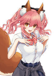 Rule 34 | 1girl, animal ear fluff, animal ears, blouse, blush, bowtie, breasts, collared shirt, fate/extra, fate (series), fox ears, fox girl, fox tail, large breasts, long hair, looking at viewer, merokonbu0, official alternate costume, open mouth, pink hair, shirt, sidelocks, simple background, sleeves rolled up, smile, solo, striped bow, striped bowtie, striped clothes, tail, tamamo (fate), tamamo no mae (fate/extra), twintails, white background, white shirt, yellow eyes