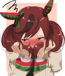 Rule 34 | 1girl, animal ears, blush, brown eyes, brown hair, commentary request, covering own mouth, hair over mouth, highres, holding, holding own hair, horse ears, horse girl, juliet sleeves, long sleeves, multicolored hair, nail polish, nice nature (umamusume), pink nails, portrait, puffy sleeves, shy, solo, squiggle, streaked hair, tama (tamago), twintails, umamusume