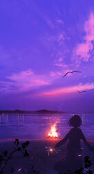 Rule 34 | 1girl, absurdres, bird, cloud, cloudy sky, commentary, cowboy shot, english commentary, fantasy, fire, fireworks, glowing, highres, hill, holding fireworks, horizon, light particles, long sleeves, ocean, original, pink clouds, plant, purple sky, purple theme, realistic, scenery, shadow, shirt, short hair, signature, skirt, sky, skyrick9413, solo, sparkler, standing