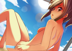 Rule 34 | 10s, 1girl, breasts, brown eyes, brown hair, convenient censoring, food, gradient background, highres, i-401 (kancolle), kantai collection, lens flare, looking back, md5 mismatch, nude, onikiri, popsicle, short hair, small breasts, solo, sun, tan
