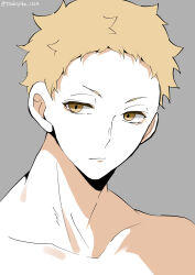 Rule 34 | 1boy, blonde hair, brown eyes, collarbone, expressionless, grey background, haikyuu!!, highres, looking at viewer, male focus, portrait, simple background, solo, tomopiko 1224, topless male, tsukishima kei