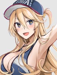 Rule 34 | 1girl, ahoge, anchor necklace, arm up, armpits, bare shoulders, baseball cap, bikini, blonde hair, blue bikini, blue eyes, blue hat, blush, breasts, character name, cleavage, commentary, english text, eyebrows, hair between eyes, hair ornament, hat, iowa (kancolle), jewelry, kantai collection, large breasts, long hair, looking at viewer, necklace, open mouth, simple background, smile, solo, star-shaped pupils, star (symbol), star hair ornament, striped bikini, striped clothes, swimsuit, symbol-shaped pupils, unfinished, yunamaro