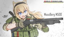 Rule 34 | 1girl, absurdres, ammunition pouch, animal ears, blonde hair, blue eyes, buckle, camouflage, digital camouflage, dirty, dirty face, fang, girls&#039; frontline, gloves, gun, headset, highres, holding, holding gun, holding weapon, jacket, load bearing vest, long hair, m500 (girls&#039; frontline), military, military jacket, mossberg 500, pixiv username, pouch, pump action, shotgun, shotgun shell, snap-fit buckle, solo, toramaru-913, weapon