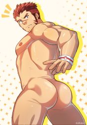 Rule 34 | 1boy, akashi (live a hero), ass, ass focus, bara, completely nude, facial hair, from behind, gradient hair, highres, large pectorals, live a hero, long sideburns, looking back, male focus, manly, multicolored hair, muscular, nude, pectorals, red eyes, red hair, short hair, sideburns, solo, thick eyebrows, thick thighs, thighs, zink (zink mchn)