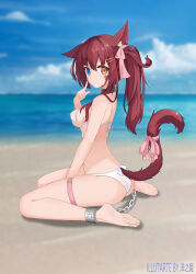 1girl animal_collar animal_ear_fluff animal_ears artist_name asymmetrical_sidelocks bare_arms bare_shoulders barefoot beach between_legs bikini blue_eyes blue_sky blurry blurry_background breasts brown_hair brown_tail cat_ears cat_girl cat_tail closed_mouth cloud collar covered_erect_nipples cuffs eyelashes finger_to_cheek from_side full_body furrowed_brow hair_between_eyes hair_ornament hair_ribbon hairclip hand_between_legs hand_up heart_on_cheek hetero horizon index_finger_raised long_hair long_sidelocks looking_at_viewer looking_to_the_side medium_breasts ocean on_ground original outdoors pink_ribbon ribbon shackles side_ponytail sidelocks single_ear_down sitting skindentation sky slit_pupils soles solo string_bikini swimsuit tail tail_ornament tail_raised tail_ribbon thigh_strap toes wariza white_bikini yellow_eyes ze_zhi_ai