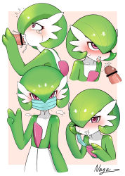 Rule 34 | 1girl, absurdres, bar censor, blush, border, censored, cheek bulge, constricted pupils, creatures (company), cum, cum in mouth, cum on tongue, cum string, cumdrip, disembodied penis, ejaculation, fellatio, from side, game freak, gardevoir, gen 3 pokemon, green hair, hair between eyes, hand up, heart, heart-shaped pupils, heavy breathing, hetero, highres, interspecies, looking at viewer, mask, mouth mask, multiple views, naga99770, nintendo, open mouth, oral, penis, pink background, pink eyes, pokemon, pokemon (creature), pokephilia, profile, short hair, simple background, solo focus, standing, steam, surgical mask, symbol-shaped pupils, tears, teeth, tongue, tongue out, upper body, upper teeth only, v, white border