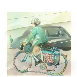 Rule 34 | 2boys, aqua jacket, backpack, bag, bicycle, bicycle basket, black bag, black shorts, black socks, border, brown hair, car, chinese commentary, commentary request, from behind, full body, jacket, kneehighs, knees, leather, leather jacket, long sleeves, male focus, motor vehicle, multiple boys, original, painting (medium), riding, riding bicycle, sbgpand, shoes, short hair, shorts, socks, solo focus, traditional media, watercolor (medium), white border, white footwear