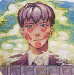 Rule 34 | 1boy, bertolt hoover, brown eyes, brown hair, cloud, cloudy sky, colossal titan, giant, giant male, highres, kf2impossible, layered shirt, light smile, looking at viewer, male focus, painterly, portrait, shingeki no kyojin, short hair, sky, solo, spoilers, symbolism, titan (shingeki no kyojin), wall