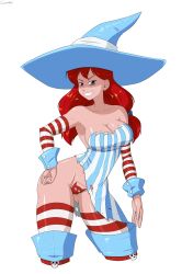 Rule 34 | 1girl, bare shoulders, boots, breasts, brown eyes, canime, cleavage, cowboy shot, detached sleeves, grin, hand on own hip, hat, long hair, looking at viewer, maebari, medium breasts, naughty face, product girl, red hair, simple background, smile, solo, standing, striped clothes, striped sleeves, striped thighhighs, thigh boots, thighhighs, thighs, torn clothes, twintails, wendy&#039;s, wendy (wendy&#039;s), white background, witch